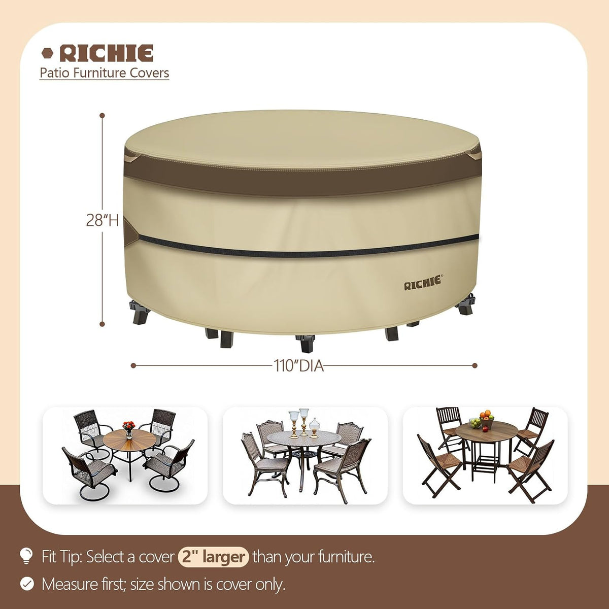 RICHIE Outdoor Patio Furniture Cover - Heavy Duty Waterproof 600D Tough Canvas Protector for Round Table Cover, All-Season Dining Table and Chair Cover (110"DIAx28"H)