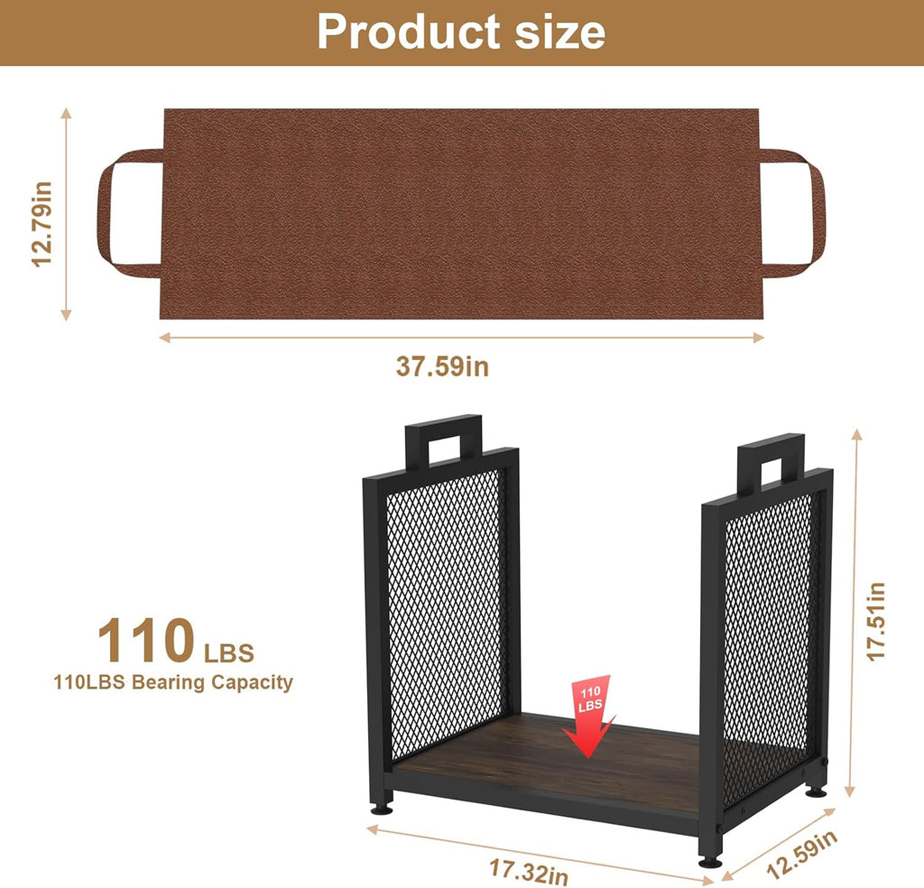 VyGrow Firewood Rack for Indoor, Heavy Duty Fire Wood Racks Holder, 17.32" Metal Wood Storage Log Holder with Leather Carrier, Small Firewood Stand for Fireplace Patio Deck, Black
