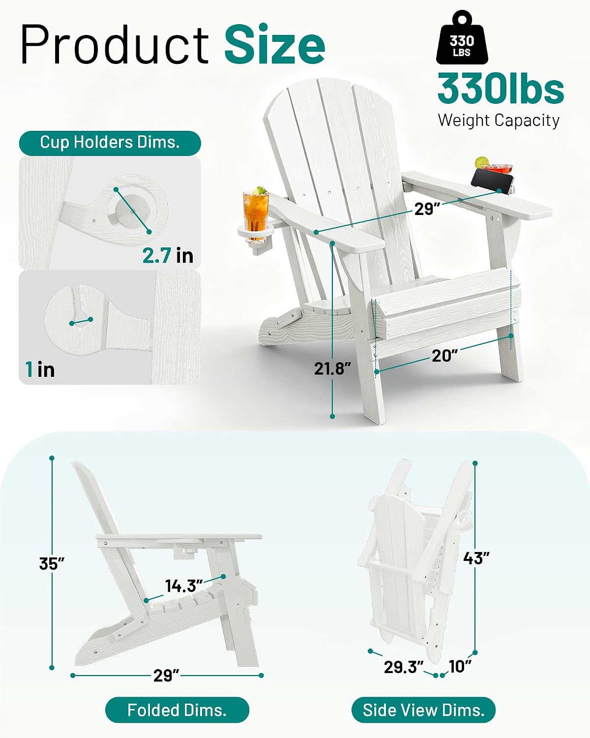 PLUUV Folding Adirondack Fire Pit Chairs Set of 6 with Cup Holders,White