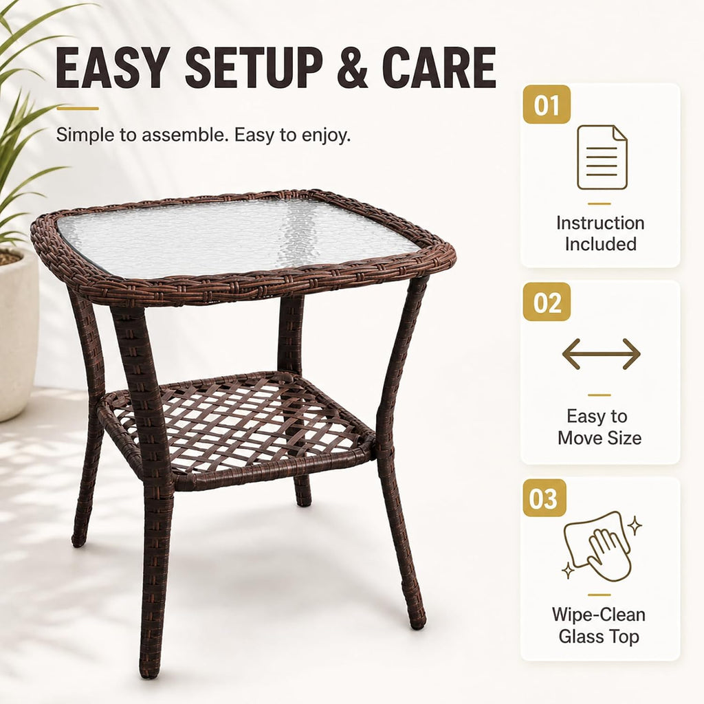 DIMAR GARDEN Outdoor Side Table Wicker Patio Coffee Table with Glass Top and Storage Shelf, Mixed Brown