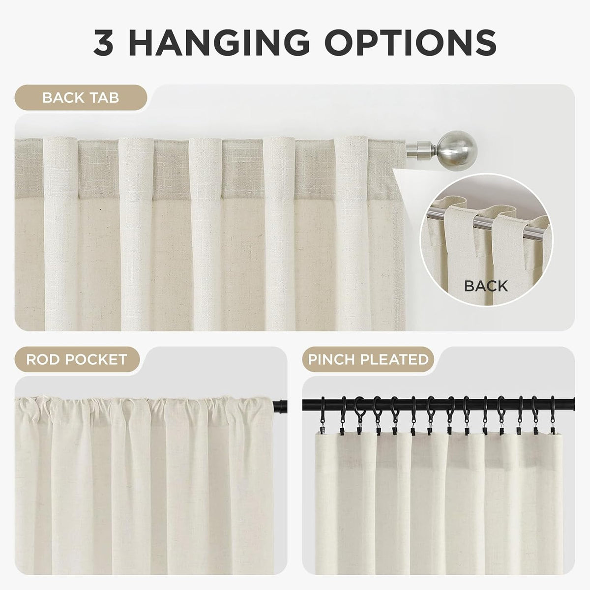 Joydeco Linen Curtains 96 inch Length 2 Panel Set, Light Filtering Curtain for Living Room Bedroom, 52 inch Wide Drapes with Rod Pocket Back Tab (96" Lx52 W, Ivory on Linen)