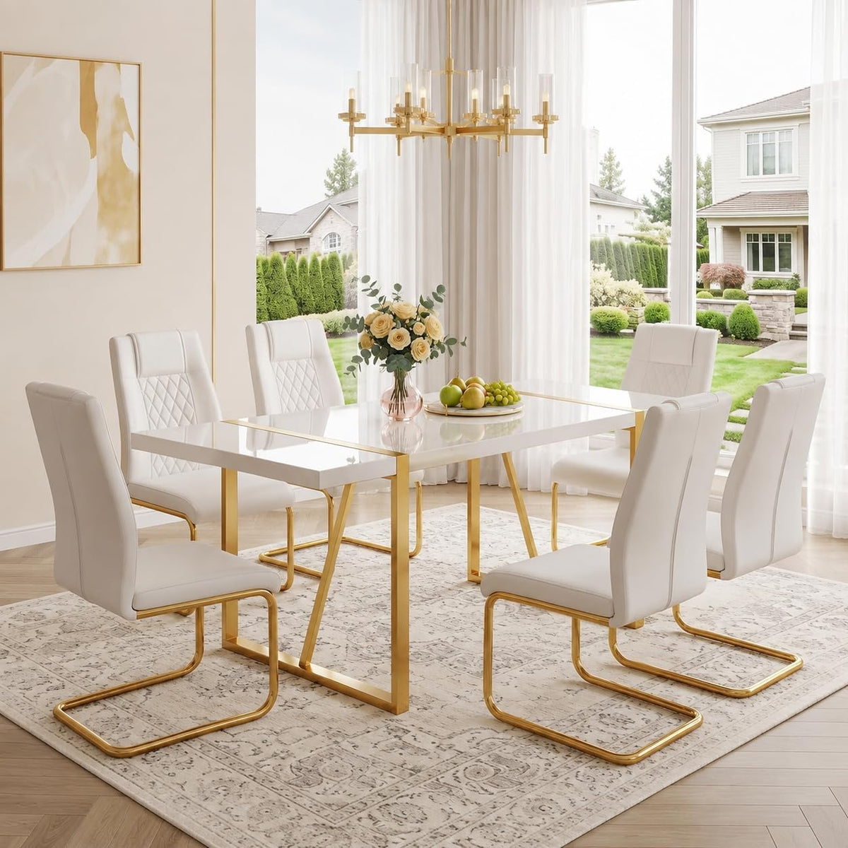Modern Dining Table Set for 6, 55'' Dining Room Table Set with 6 Faux Leather Chairs, White Wood Tabletop with Gold Metal Legs, Suitable for Small Space
