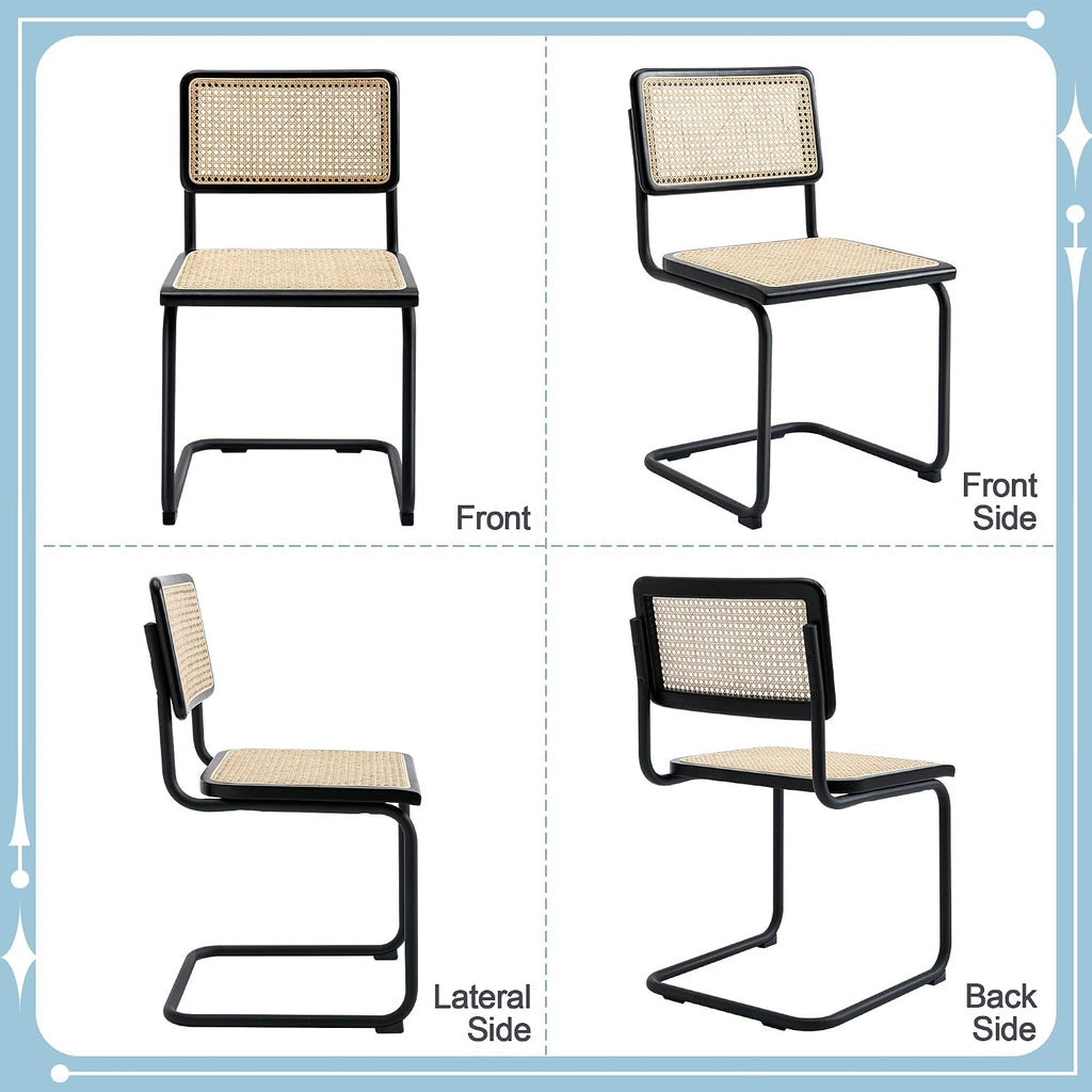 Flouki Rattan Dining Chairs Set of 4, Boho Accent Chairs for Kitchen Room with Natural Cane Mesh, Mid Century Cantilever Design, Solid Rubber Wood