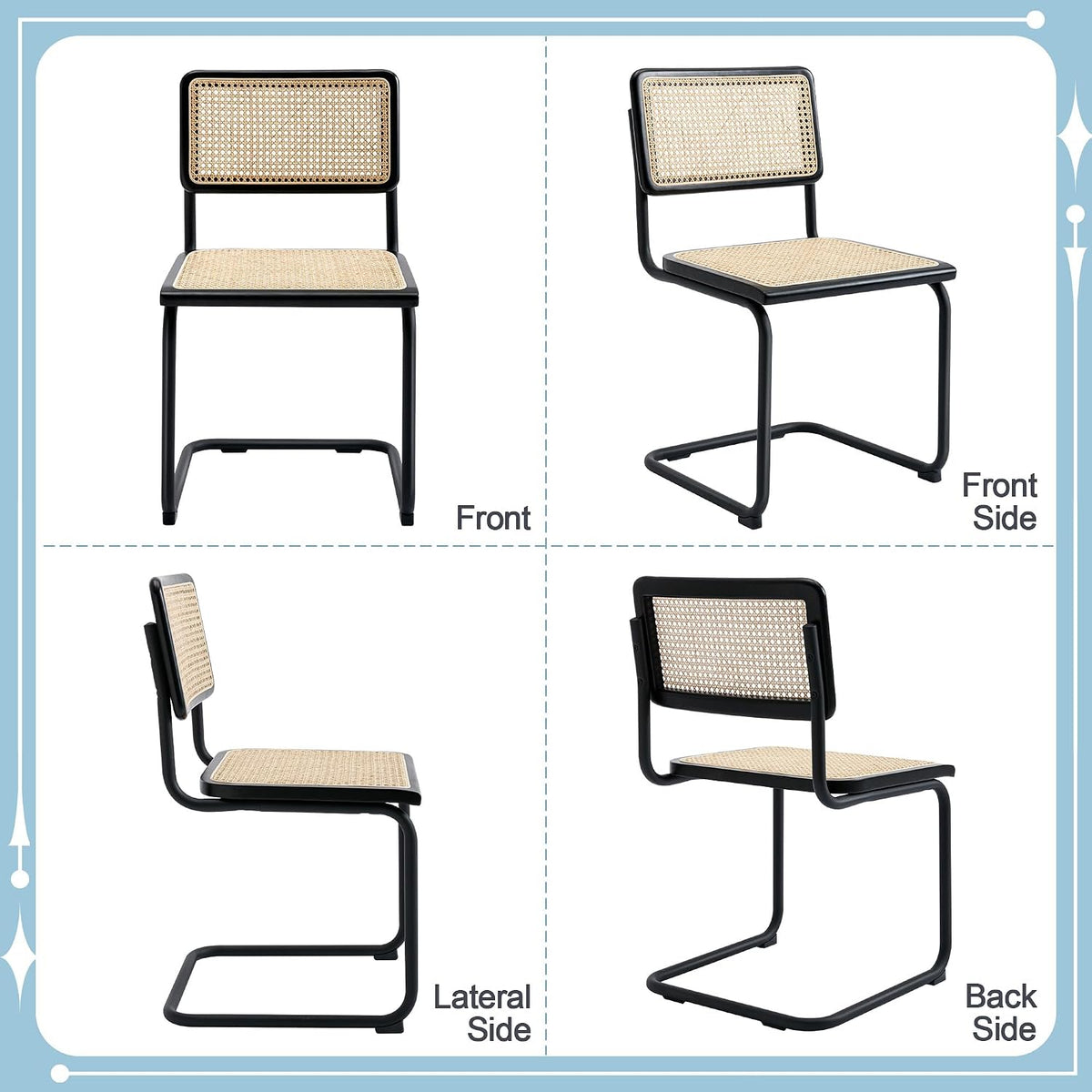 Flouki Rattan Dining Chairs Set of 4, Boho Accent Chairs for Kitchen Room with Natural Cane Mesh, Mid Century Cantilever Design, Solid Rubber Wood