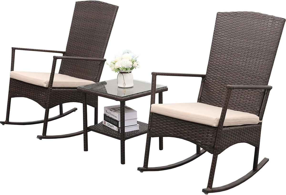Outdoor HDPE Wicker Rocking Chair 3-Piece Patio Rattan Bistro Set 2 Rocker Armchair and Glass Coffee Side Table Furniture Washable Lacing Cushions, Khaki