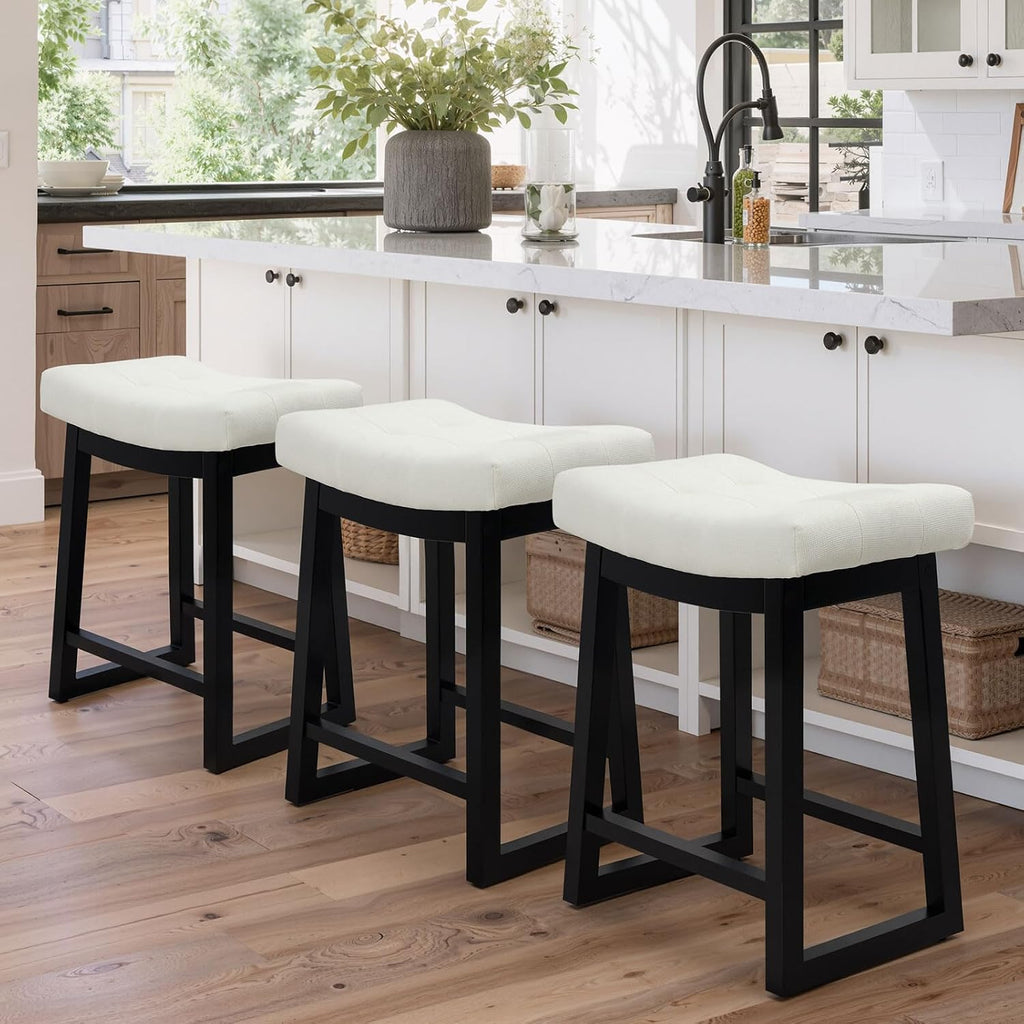 Counter Height Bar Stools Set of 3, 24 Inch Backless Upholstered Counter Stools with Solid Rubberwood Legs, Modern Farmhouse Saddle Stools for Kitchen Island, Home Bar, White Linen Fabric
