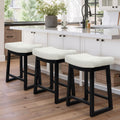 Counter Height Bar Stools Set of 3, 24 Inch Backless Upholstered Counter Stools with Solid Rubberwood Legs, Modern Farmhouse Saddle Stools for Kitchen Island, Home Bar, White Linen Fabric