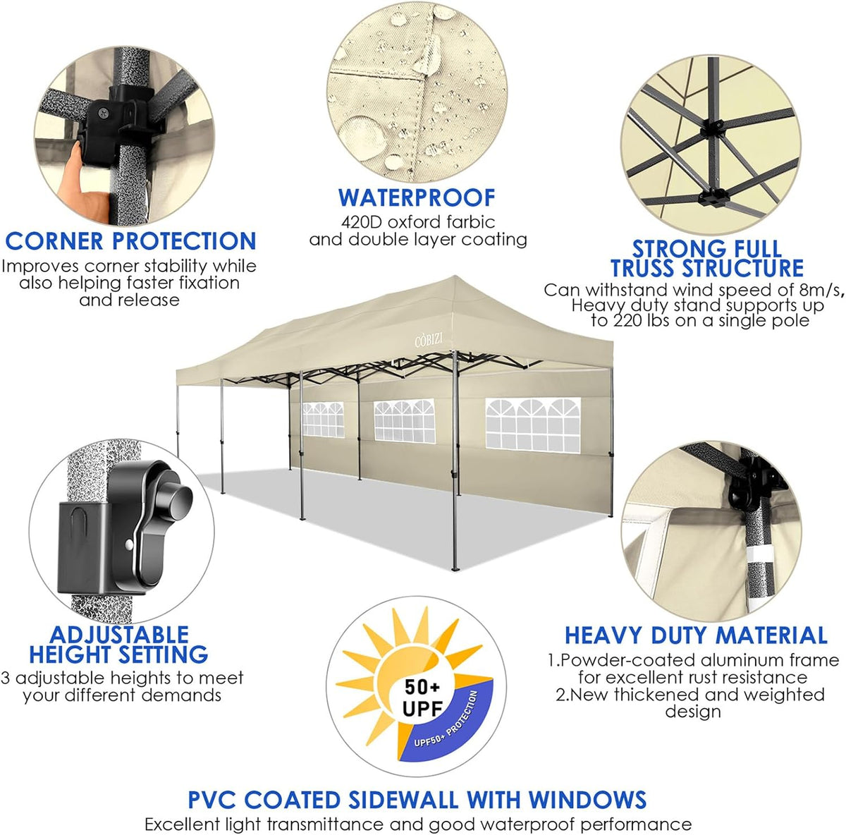 COBIZI 10x30 Heavy Duty Pop Up Canopy Tent with Sidewalls, Easy Up Canopy