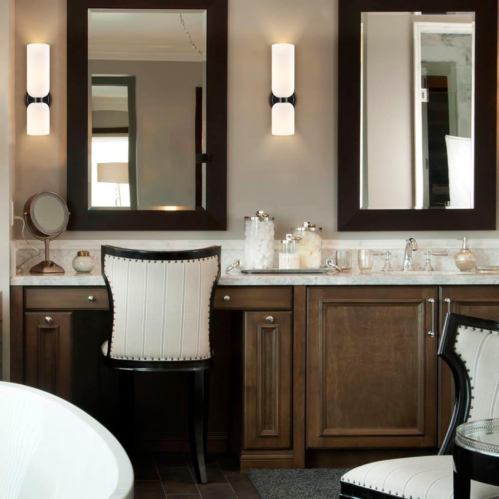 Bathroom sconces Set of 2 mid-Century Modern Light Vanity sconces Fixture Milky White lampshade Large Glass for Bathroom Vanity Bathroom Living Room (Black)