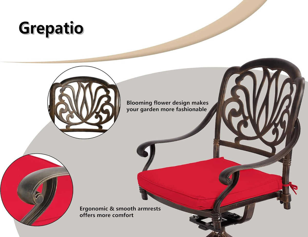 Grepatio 5 Piece Cast Aluminum Patio Dining Set, Outdoor Furniture Set with 4 Swivel Rocker Ding Chairs, 4 Cushions and 35.4" Square Patio Table with 2.4" Umbrella Hole, Antique Bronze (Red)