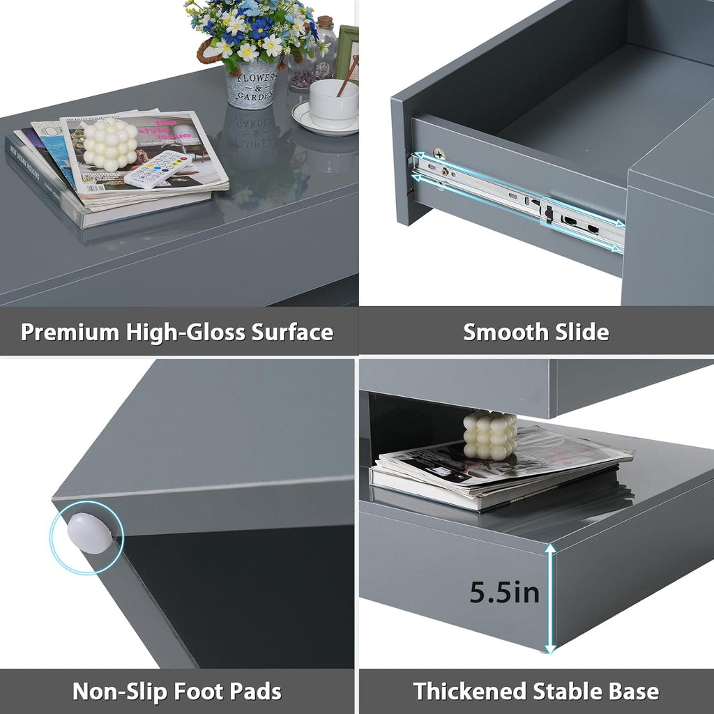 Verano Garden 47" High Gloss LED Coffee Table, Large Storage Center Table