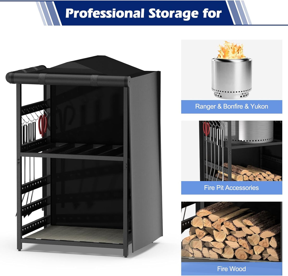 Storage Station for Solo Stove Bonfire, Yukon, Ranger, Firewood Rack Outdoor with Cover, Storage Rack for Fire Pit Accessories, with Waterproof Cover, Adjustable Shelf, Iron Black