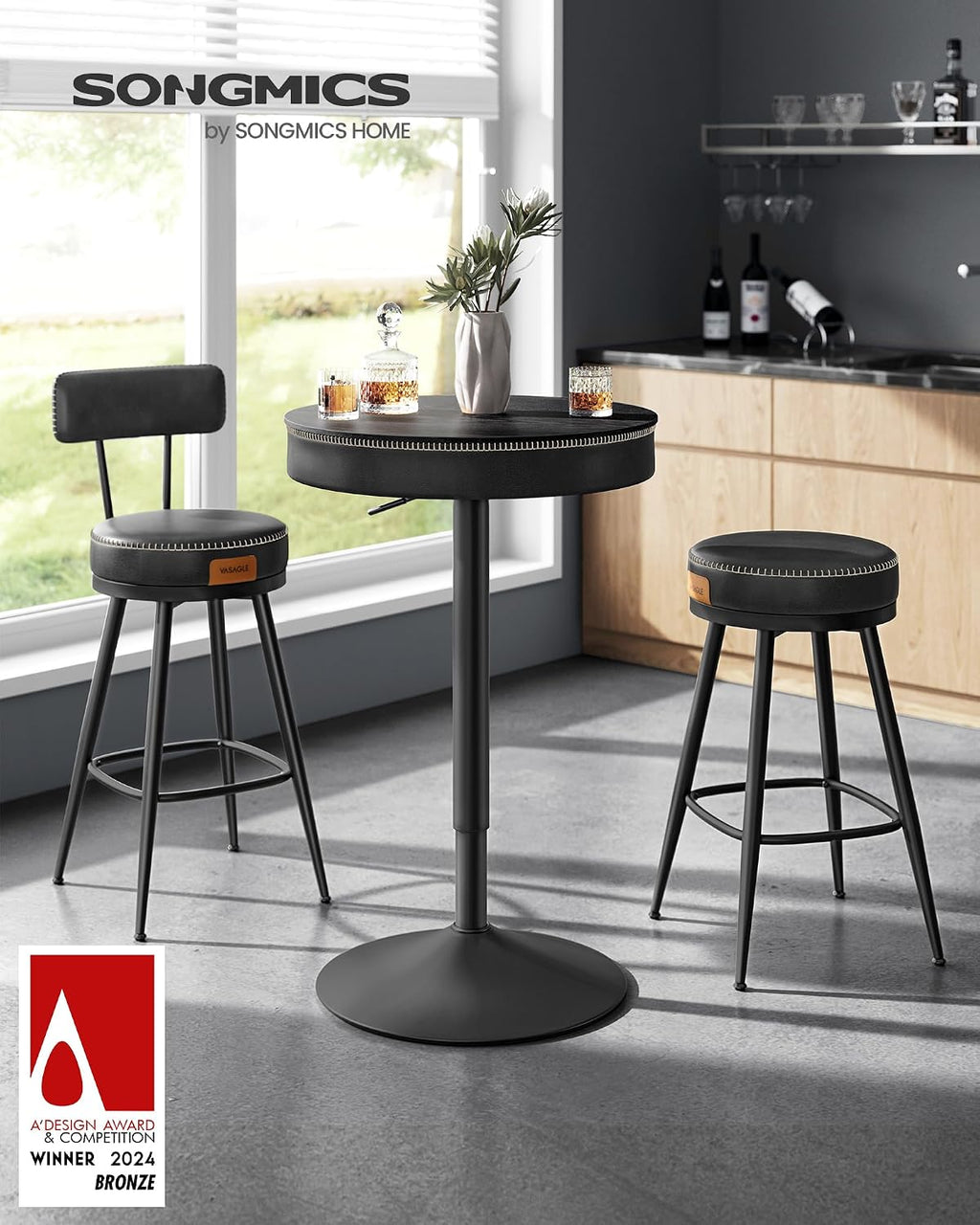 VASAGLE Height Adjustable Bar Table, Round High Pub Table with Storage