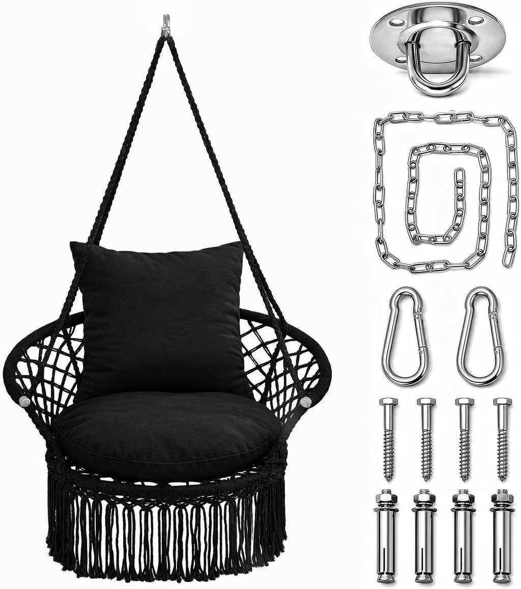 Athena Collection Macrame Hammock Chair with Mounting Hardware Kit, Black