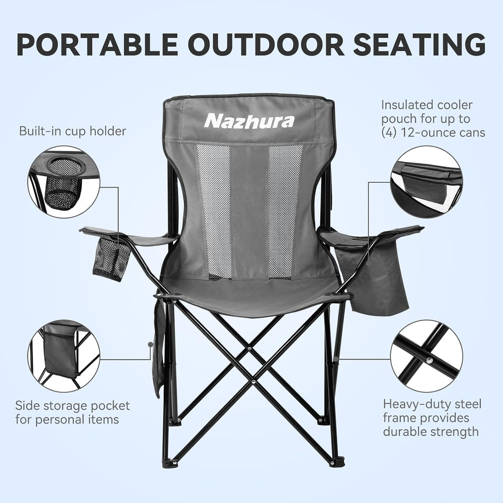 Nazhura 2 Pack Outdoor Camping Chairs Folding/Foldable/Portable with Cooler Pouch, Mesh Backrest and Cup Holder Pocket (Grey, Metal, 2 Pack)