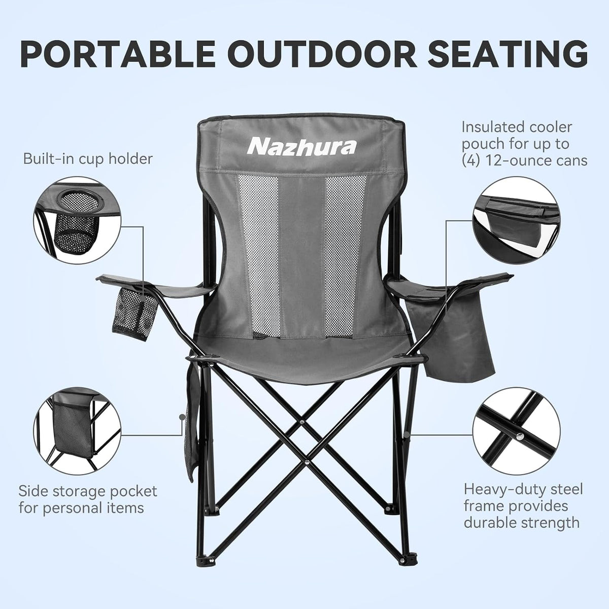 Nazhura 2 Pack Outdoor Camping Chairs Folding/Foldable/Portable with Cooler Pouch, Mesh Backrest and Cup Holder Pocket (Grey, Metal, 2 Pack)
