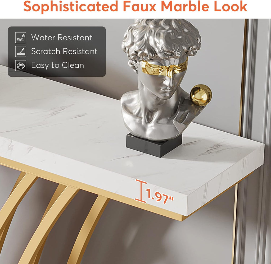 Tribesigns 59 inch Gold Console Table, Modern Entryway Table with Grid-Shaped Metal Base for Entrance, Hallway, Entryway, Living Room(White Faux Marble & Gold)