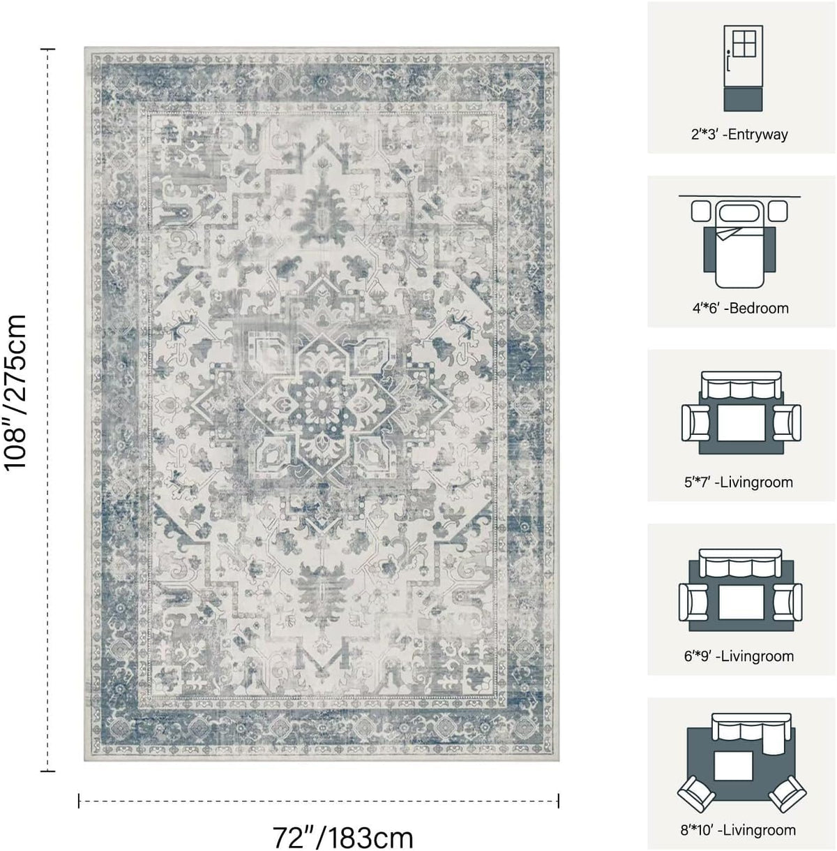 Rugxara 6x9 Washable Area Rug for Living Room,Light Blue Grey