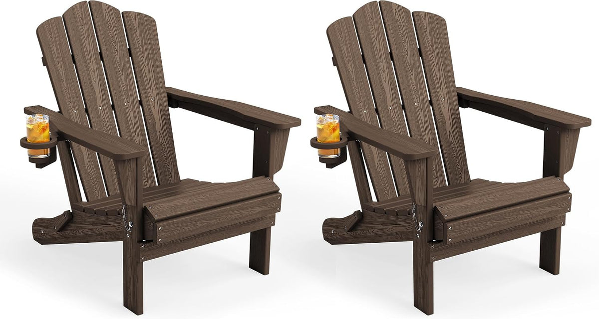 KINGYES Folding Adirondack Chair Set of 2 with Cup Holder, Coffee