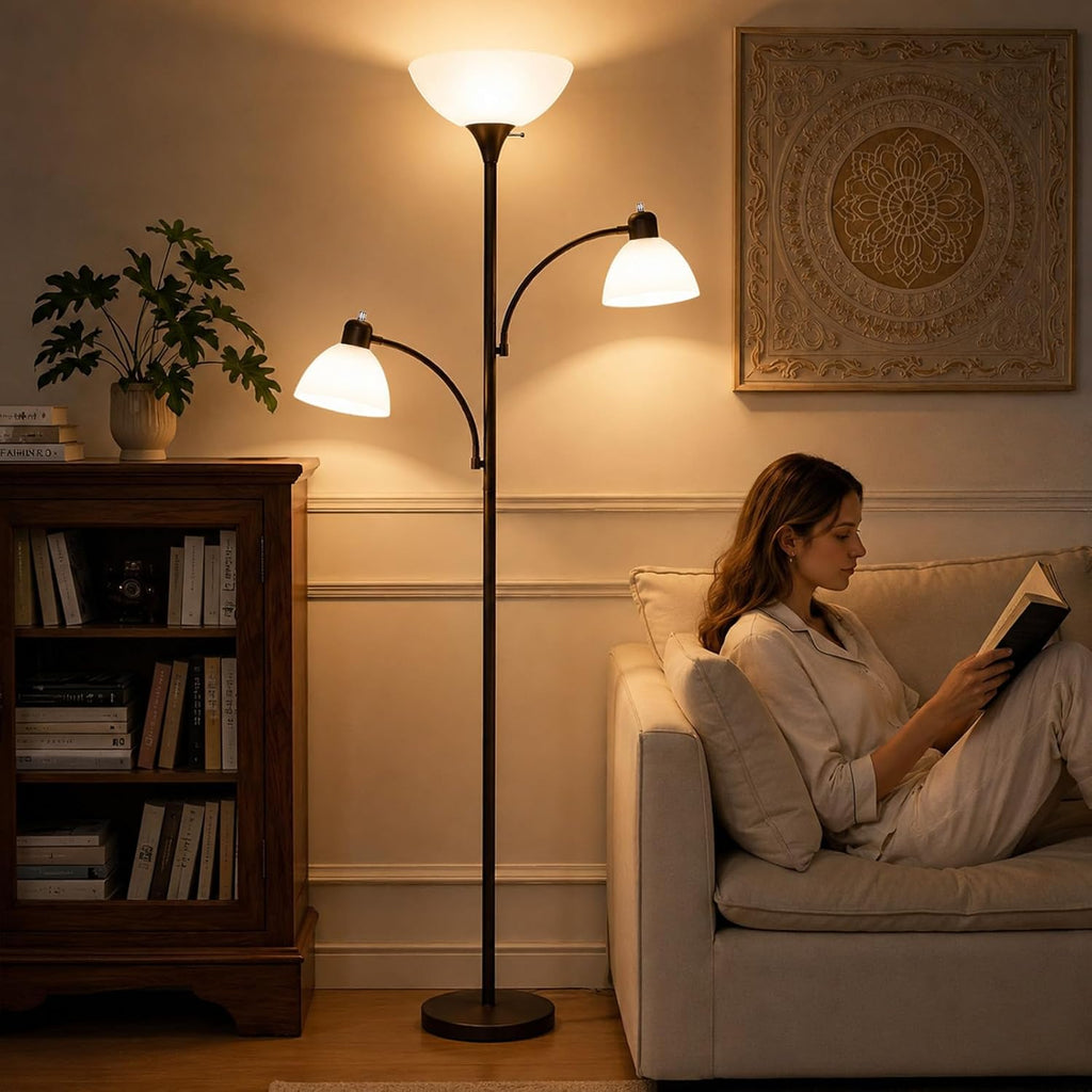 3-Head Torchiere Floor Lamps with 2 Reading Lamp for Living Room-Brown
