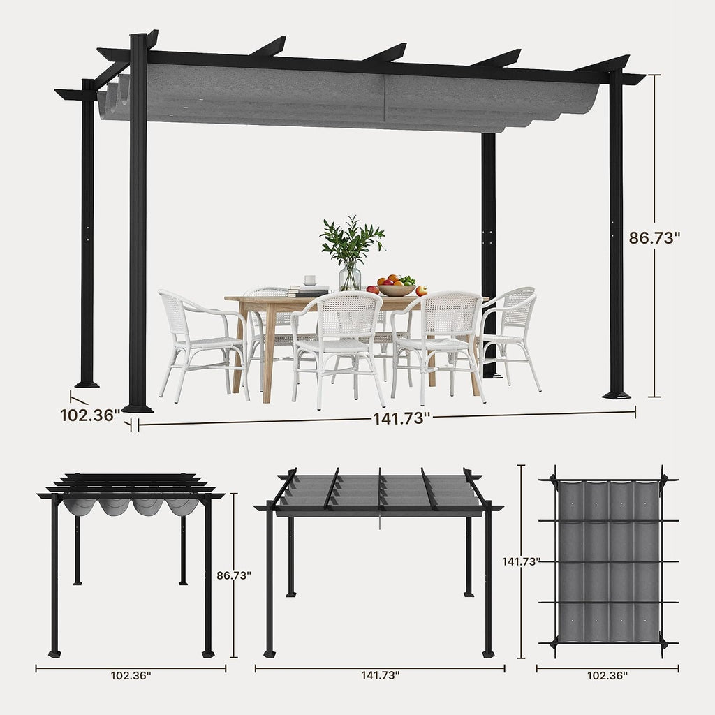 Ahomly 12 X 8 Outdoor Retractable Pergola, Adjustable Shade Canopy, Gray