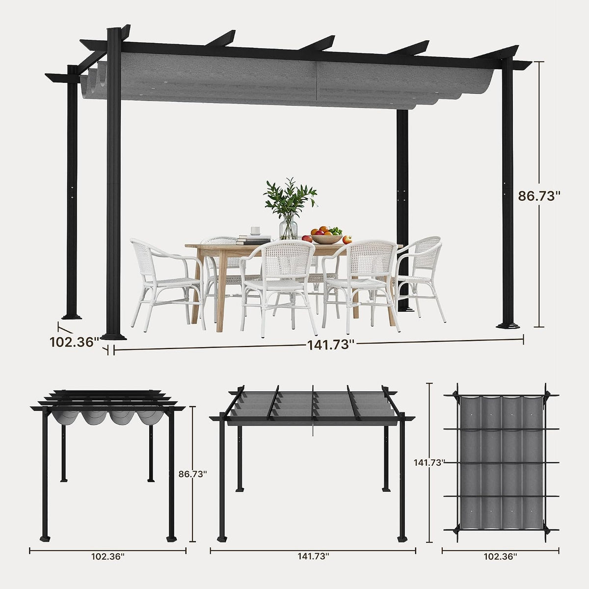 Ahomly 12 X 8 Outdoor Retractable Pergola, Adjustable Shade Canopy, Gray