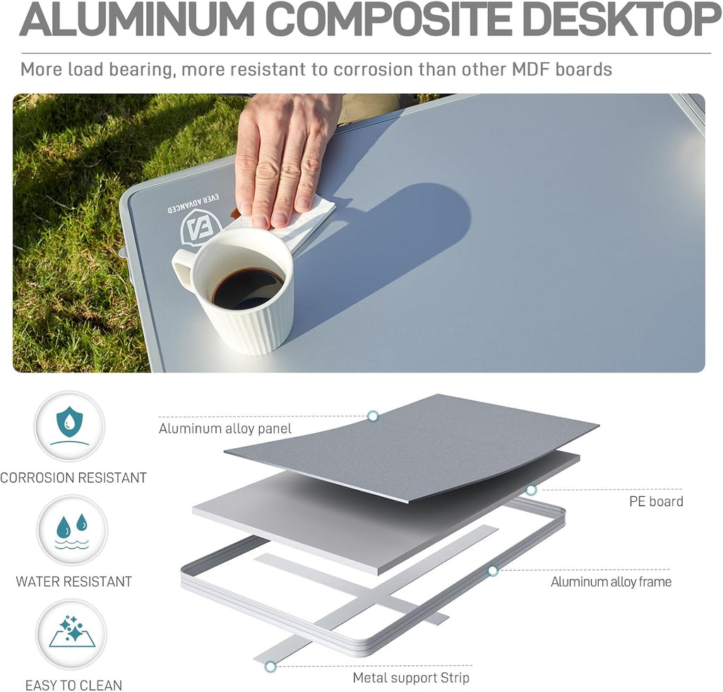 EVER ADVANCED Large Camping Table for 4-6 Person, Portable Folding Aluminum Table with Carrying Handle, Suitable for BBQ, Picnic, Camping and Indoor Use, Support up to 130LBS, Silver