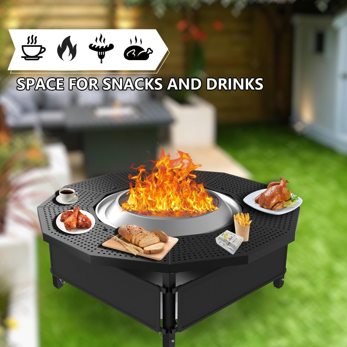 Fire Pit Surround Tabletop for Solo Stove Bonfire Ranger 2.0, with Coated Steel and UV-Resistant Outdoor Fabric, Adjustable Tabletop for Solo Stove Bonfire Accessories, Thick Metal