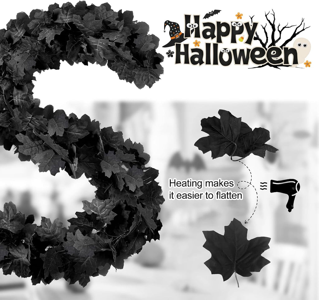 Joyhalo 8 Pack 5.7FT Halloween Garland Black Leaf Garland for Mantle, Artificial Hanging Black Maple Leaves Vines, Spooky Halloween Outdoor Floral, Haunted Mansion, Gothic Halloween Decor