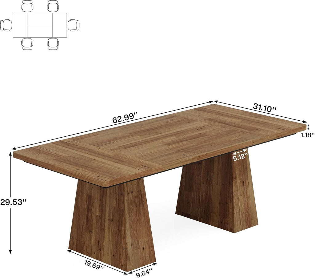 Tribesigns Dining Table for 6, Farmhouse Wood Dinner Rectangular Table Kitchen Table with Double Pedestal, 63" L x 31.5" W x 30" H, Light Brown