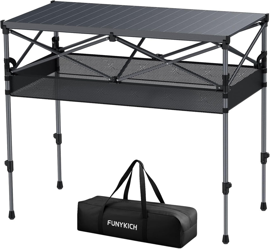 FUNYKICH Aluminum Folding Camping Table, 2 Height Adjustable 34.2''&27.5"