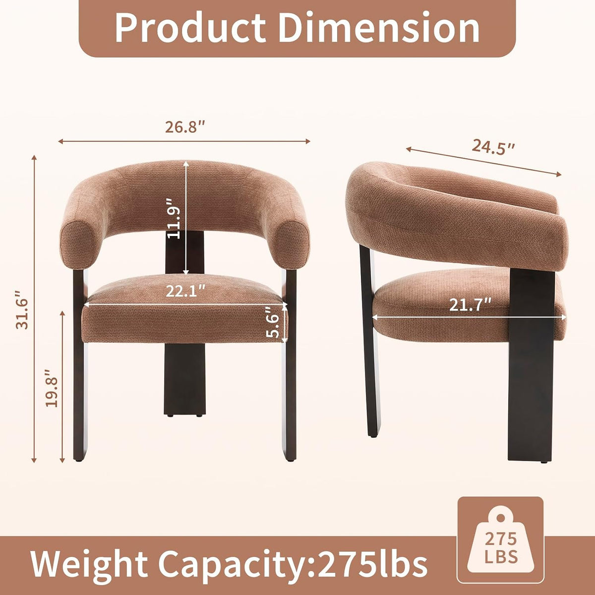 Modern Accent Chair, Barrel Armchair, U-Shaped Backrest, Brown