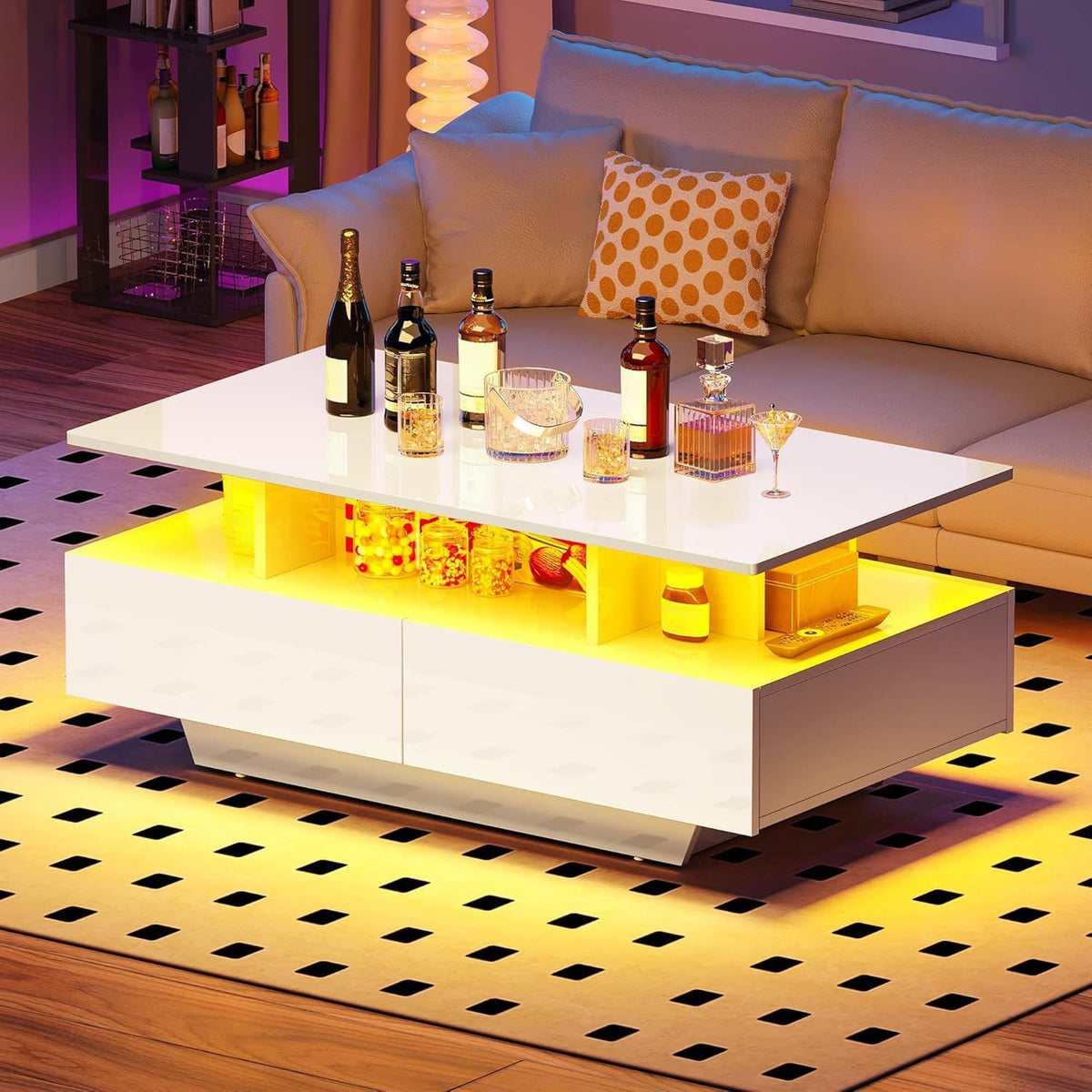 DWVO LED Coffee Table with Storage 4 Drawers, Modern High Glossy Coffee Tables for Living Room, White Rectangle Coffee Table Small Center Table with Open Display Shelf & Sliding Drawers, White
