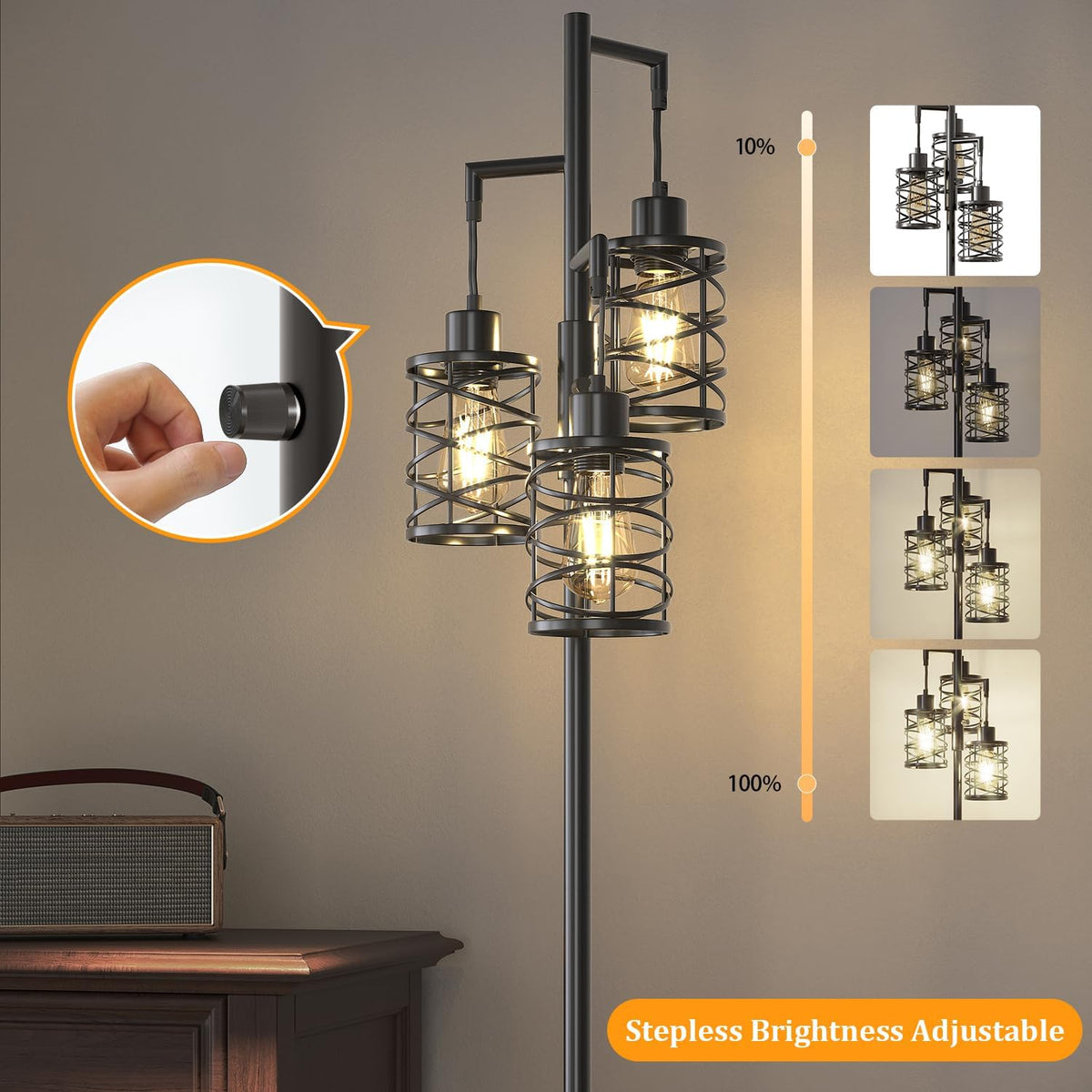 Oneach 70" Industrial Floor Lamp, Stepless Dimmable Standing Lamp with 3 Bulbs, Farmhouse Corner Standing Tree Lamp for Living Room, Tall Lamps for Bedroom, Office, Study Room, Dining Room, Black