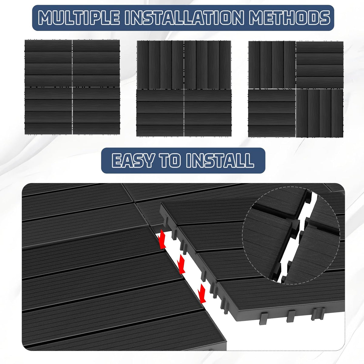 9 Pack Plastic Interlocking Deck Tiles, Patio Deck Tiles Waterproof Outdoor Flooring 12" x 12"All Weather Uses for Porch Poolside Balcony Backyard Pathway, Charcoal Gray