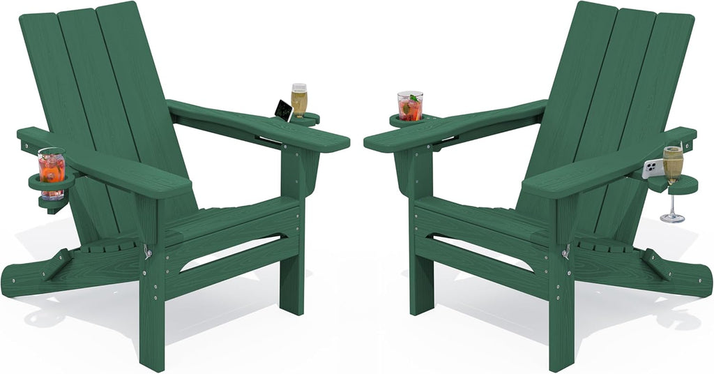 SERWALL Modern Folding Adirondack Chairs Set of 2, HDPE, Cup Holders, Green