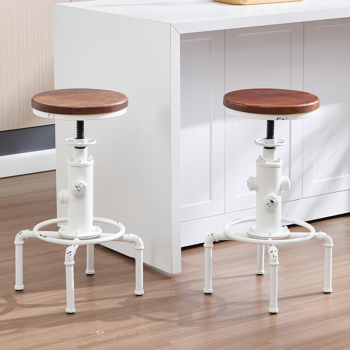 Topower Aged Antique Vintage Industrial Barstool Solid Wood Water Pipe Fire Hydrant Design Cafe Coffee Industrial Bar Stool Set of 2 Antique White