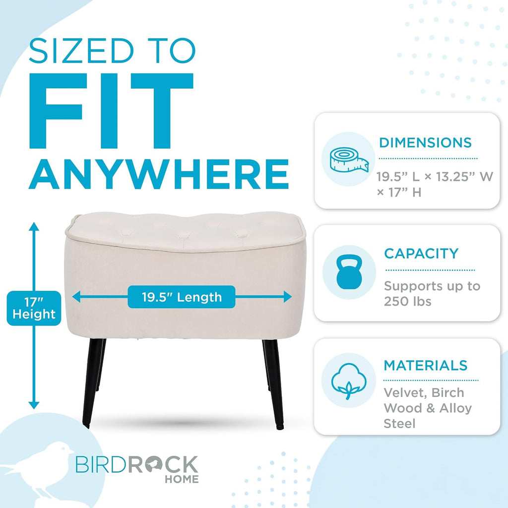 BIRDROCK HOME Tufted Curve Ottoman Velvet Foot Stool - Modern Upholstered Padded Footrest for Living Room or Bedroom - Small Cushioned Accent Chair for Couch, Sofa, or Extra Seating (Tan)