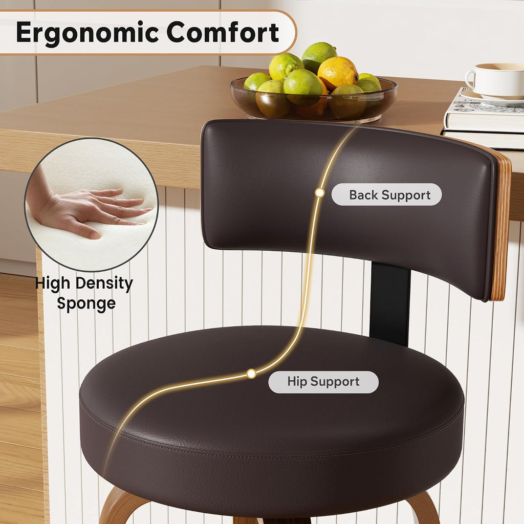 Swivel Bar Stools Set of 3, 26" Faux Leather Upholstered Counter Height Bar Stools with Back and Bentwood Legs, Mid Century Modern Bar Chairs Island Stools for Kitchen Counter, Dark Brown