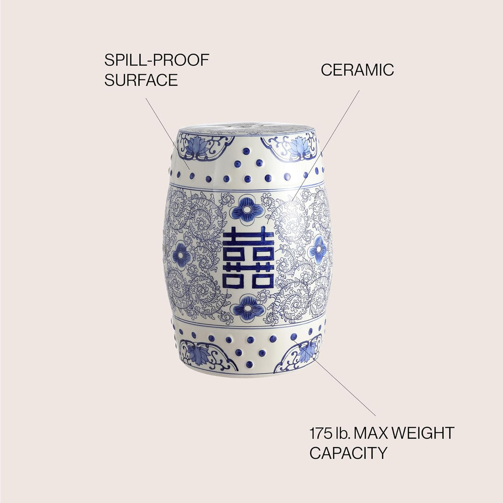 JONATHAN Y Double Happiness Ceramic Garden Stool 18" Table, Blue/White