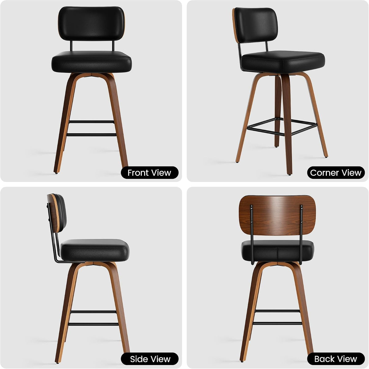 Swivel Bar Stools Set of 4, 26" Upholstered Faux Leather Counter Height Barstools with Walnut Back & Bentwood Legs, Mid Century Modern Bar Chairs Island Stools for Kitchen Counter, Black