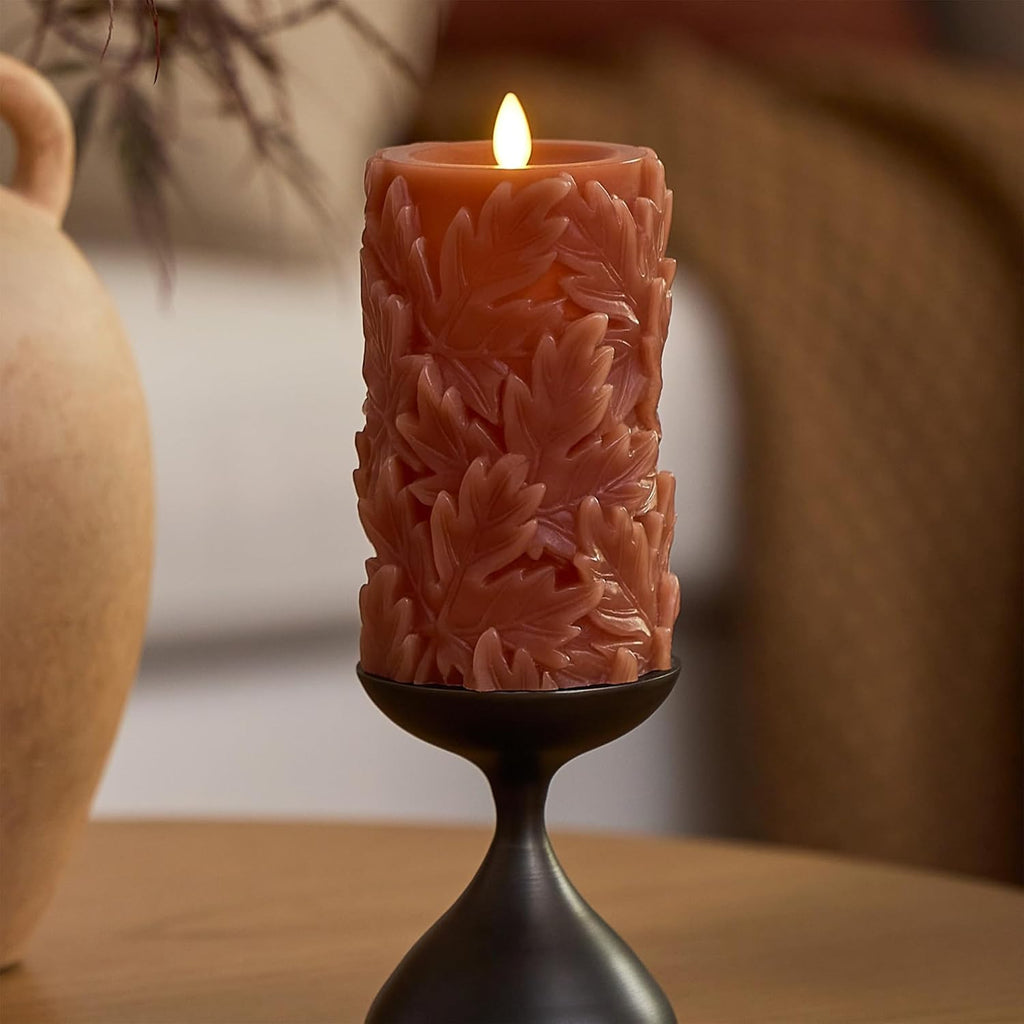 Luminara Flameless Caramel Cafe Embossed Leaves 3.5" x 6.5" Pillar, Battery Operated & Timer Function, Fall Decorations Indoor Candle Moving Flickering Flame LED Light, Remote Ready (Sold Separately)