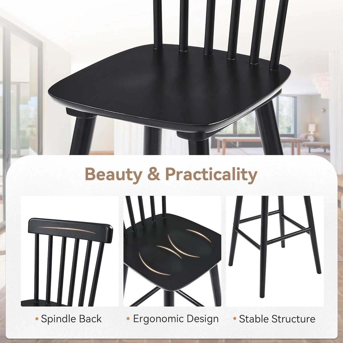 LUE BONA Windsor Wooden Bar Stools Set of 2 for Kitchen Island, Farmhouse 24 Inch Counter Height Stools Chairs with Spindle Back, Black