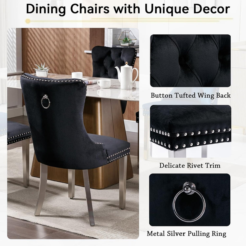 Henf 7 Piece Marble Dining Table Set for 6, 68" Modern Kitchen Dining Room Table and Black Chairs Set for 6, White Silver Dinner Table Set for 6 with Mirrored Stainless Steel Legs for Dining Kitchen