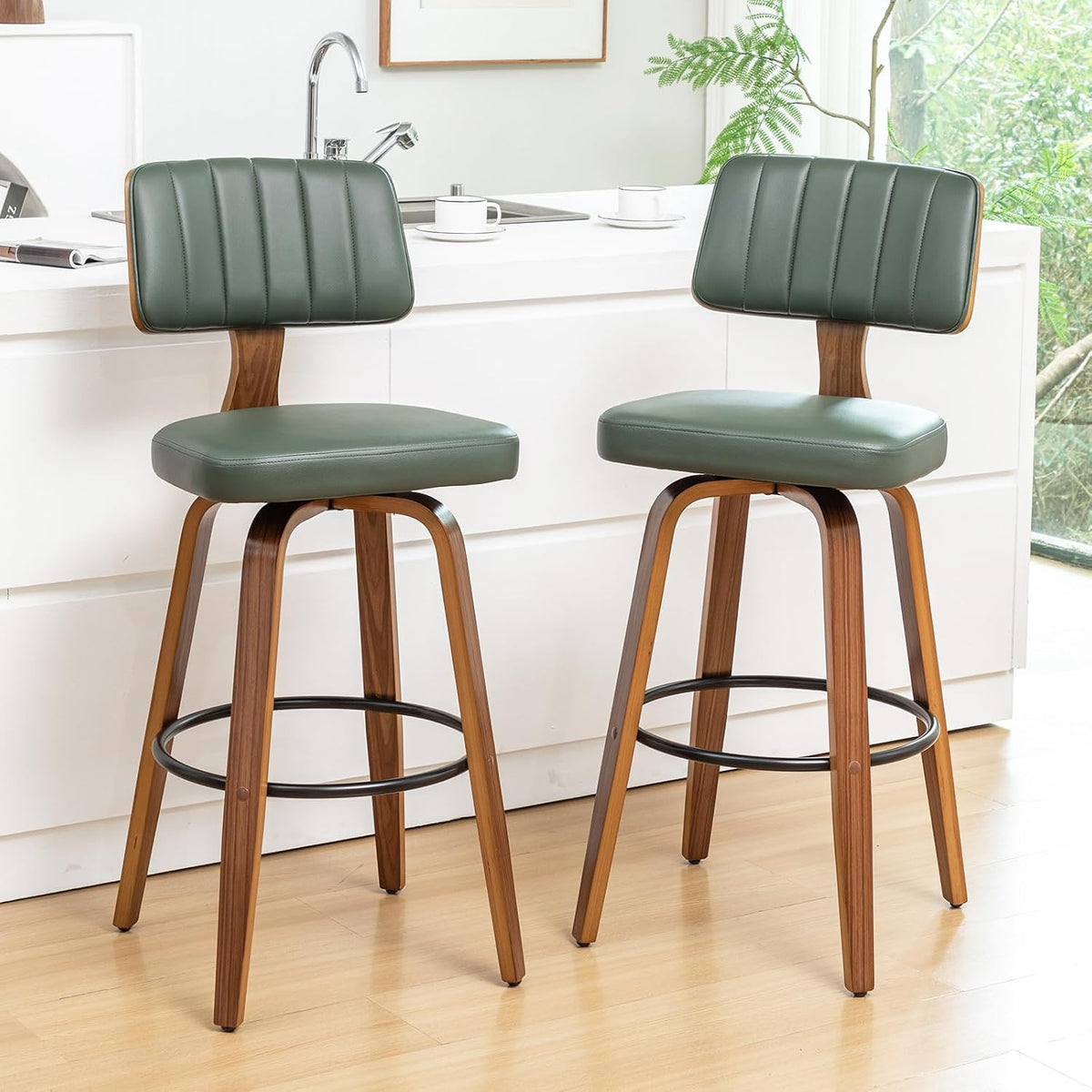 LUNLING 25.2” Swivel Bar Stools Set of 2,Green Faux Leather Counter Height Barstools with Back,Mid Century Modern Wood High Walnut Bar Chairs,Modern Kitchen Island Chairs for Home Dining