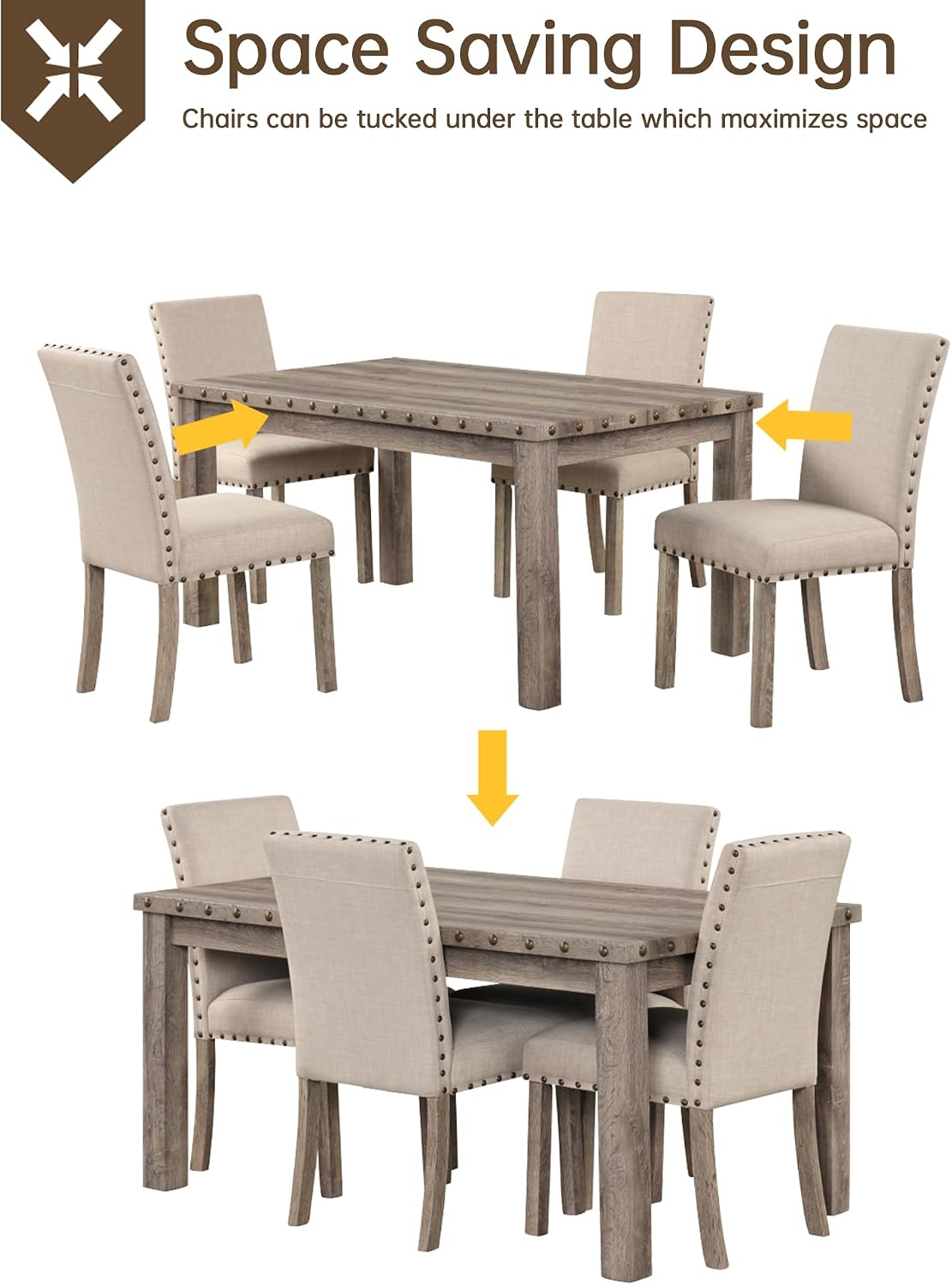 Modern Fort 5-Piece Farmhouse Dining Table Set for 4, 60" Rectangular Wood Dining Table with 4 Upholstered Chairs, Nailhead Trim, Kitchen Table with Chairs Set for Dining Room & Breakfast Nook