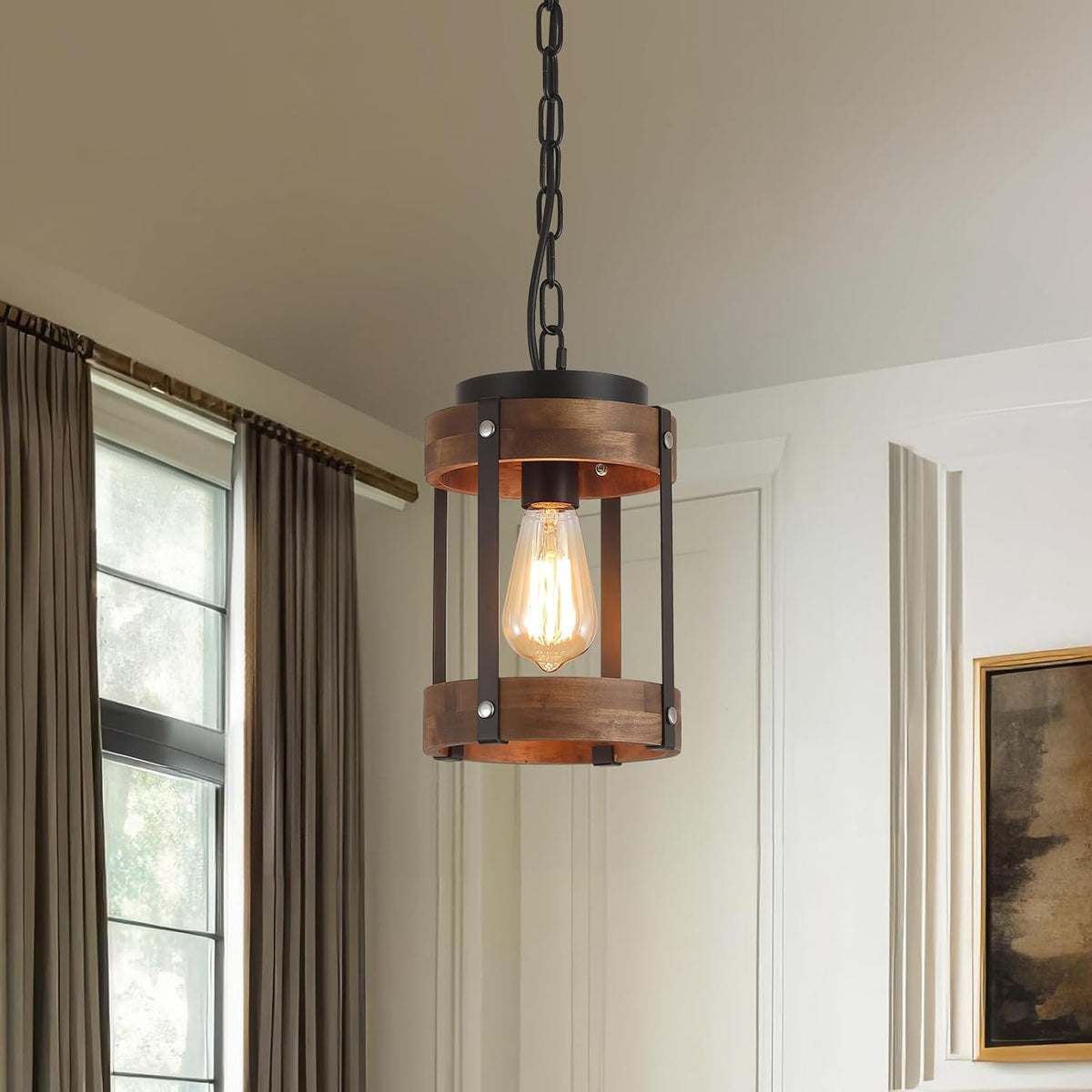 2 Pack Rustic Farmhouse Wood Pendant Light Fixture One-Light Adjustable Chain Oak Wood and Metal Drum Cage Small Pendant Lighting for Kitchen Island Sink Hallway Farmhouse Bathroom Bar, Black