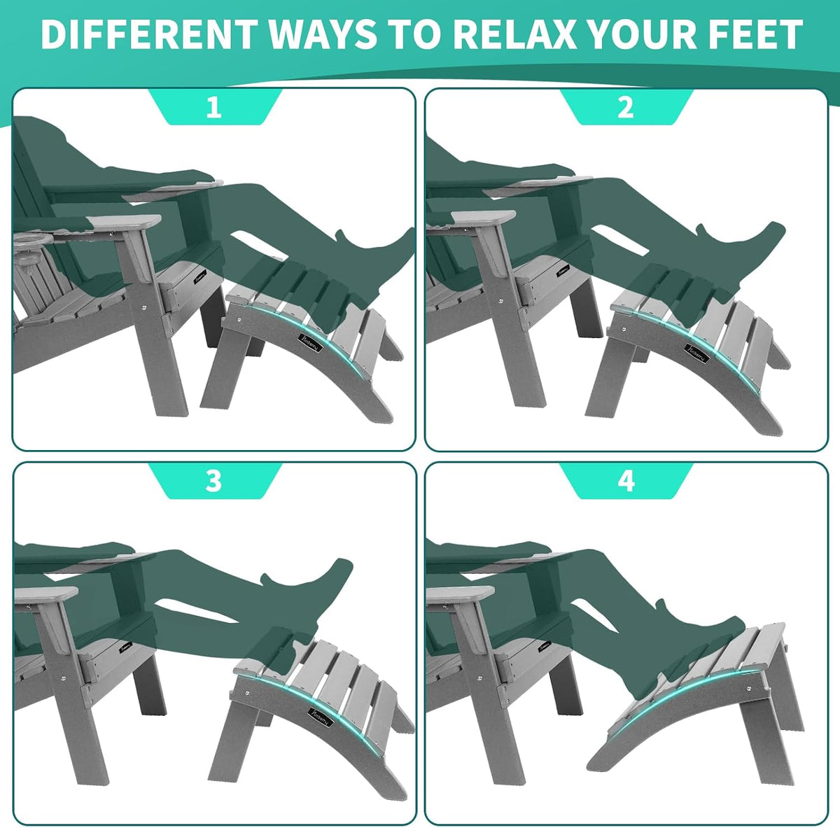 Folding Adirondack Ottoman Set of 2, Outdoor Foot Rest, Patio Footstool
