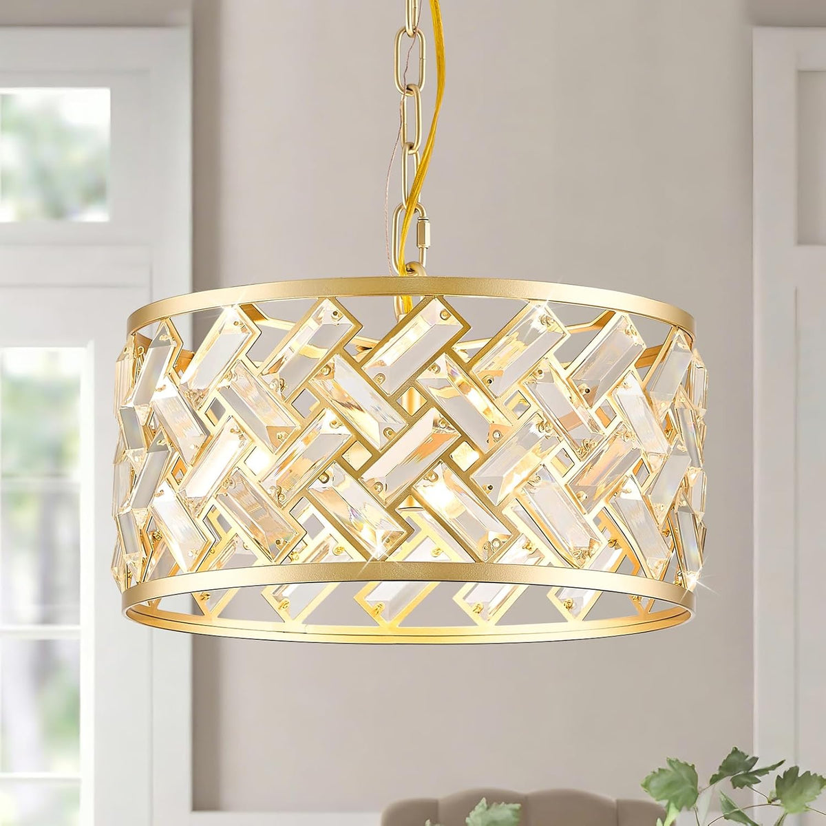 12.4" Gold Crystal Chandelier, Morden 3-Light Dining Room Light Fixture