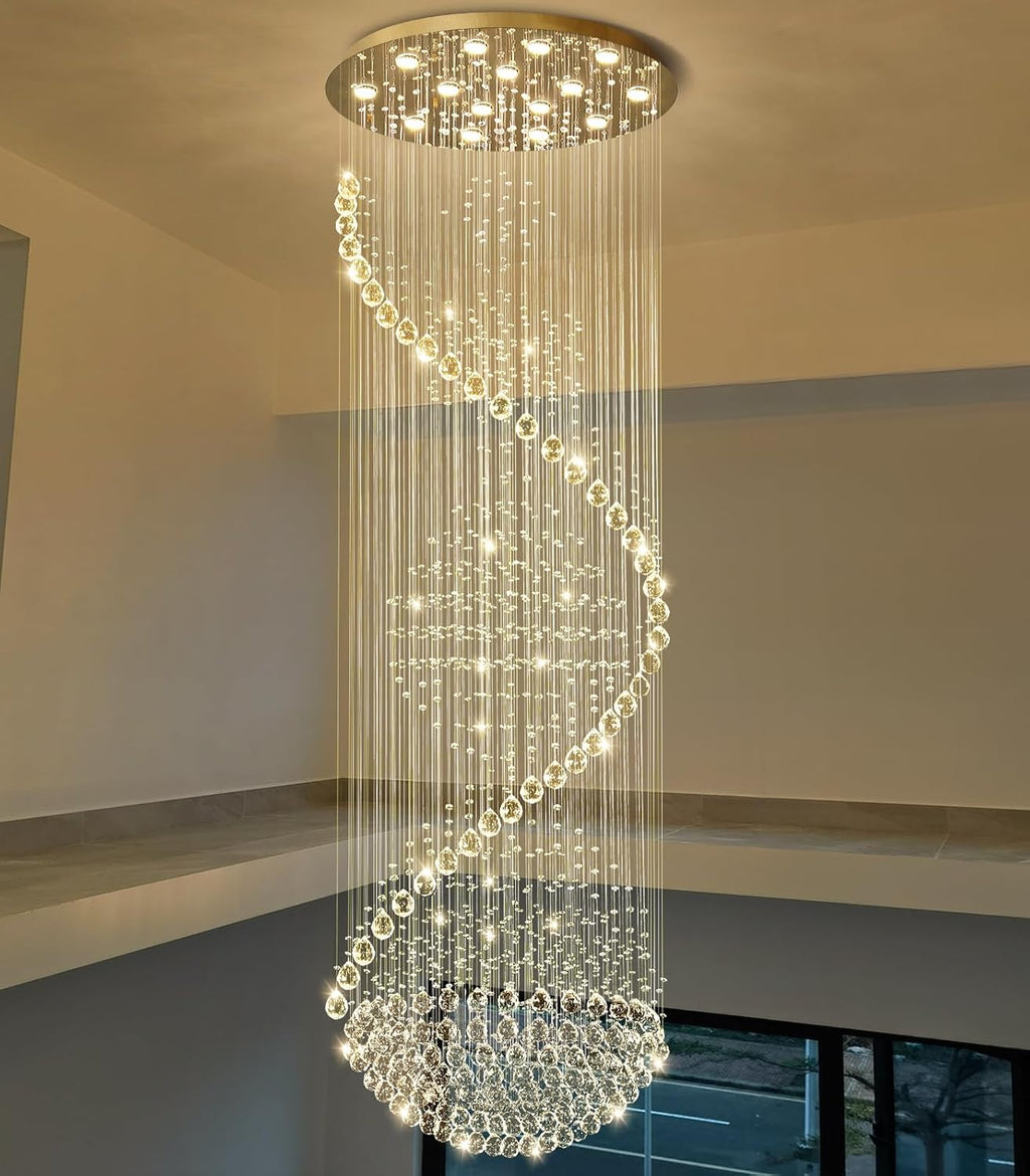 D40'' x H120'' Crystal Chandelier High Ceiling Chandeliers for Staircaes Large Raindrop Chandeliers LED Dimmable Flush Mount Light Fixtures for Foyer Hallway Entryway LED Bulbs Included Gold